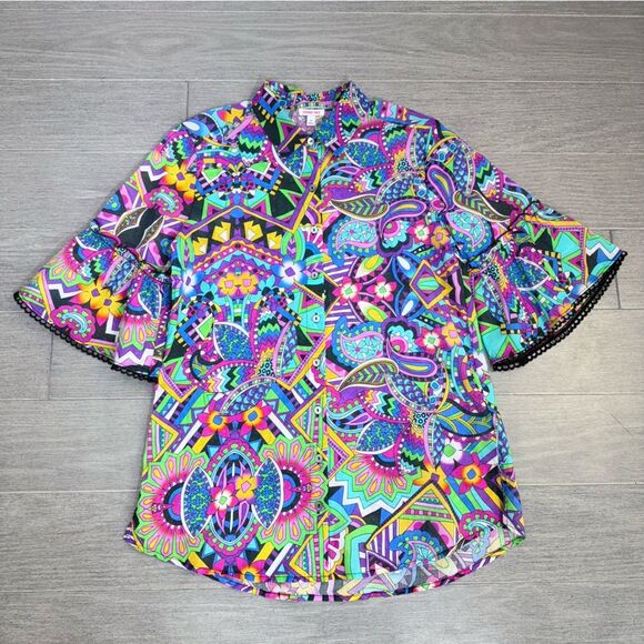 Johnny Was Demarne Ruffle Sleeve Tunic Shirt Top R24924 XS Multi Boho Chic - Picture 13 of 16